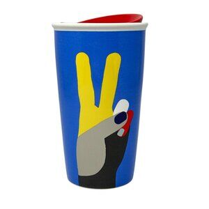 Starbucks Peace Hand Ceramic Travel Mug 12 Oz Blue Red Lid Reusable Drinkware
